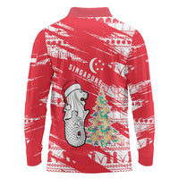 Singapore Christmas Long Sleeve Polo Shirt with Merlion Santa Hat Batik Christmas Tree and City Skyline Design - Wonder Print Shop