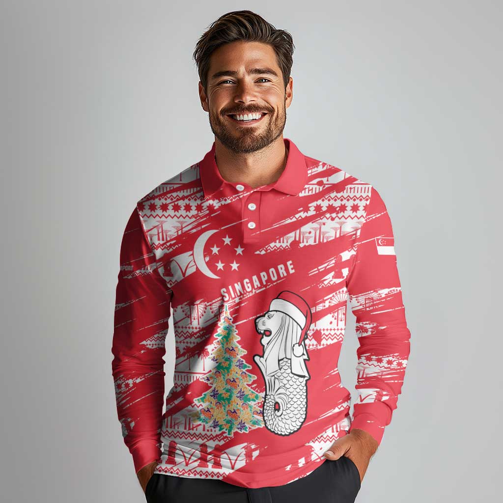 Singapore Christmas Long Sleeve Polo Shirt with Merlion Santa Hat Batik Christmas Tree and City Skyline Design - Wonder Print Shop