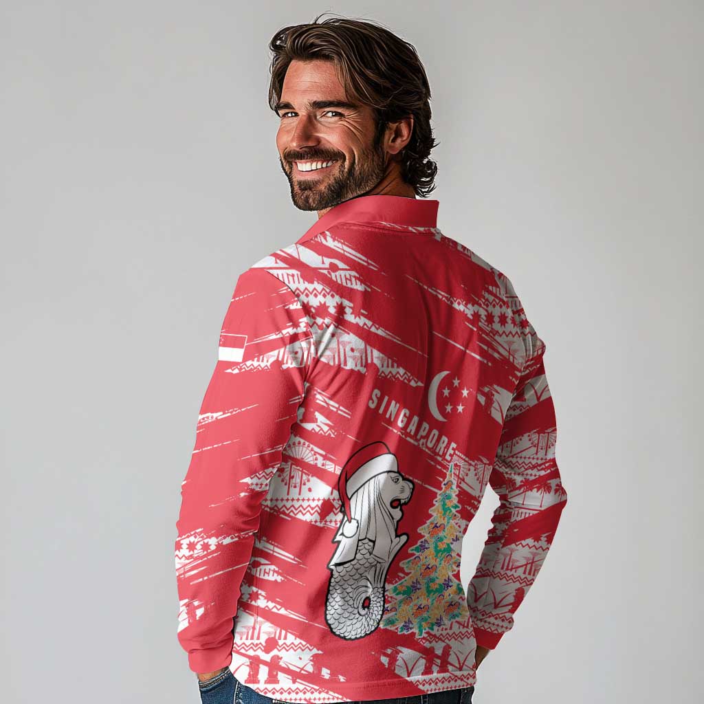 Singapore Christmas Long Sleeve Polo Shirt with Merlion Santa Hat Batik Christmas Tree and City Skyline Design - Wonder Print Shop