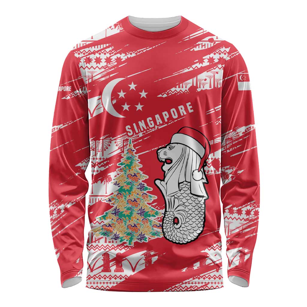 Singapore Christmas Long Sleeve Shirt with Merlion Santa Hat Batik Christmas Tree and City Skyline Design - Wonder Print Shop