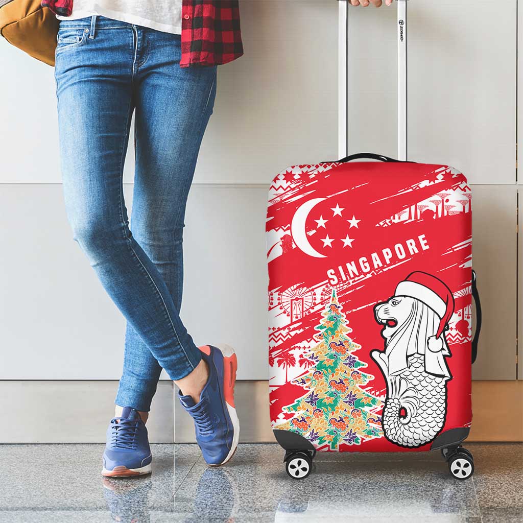 Singapore Christmas Luggage Cover with Merlion Santa Hat Batik Christmas Tree and City Skyline Design - Wonder Print Shop