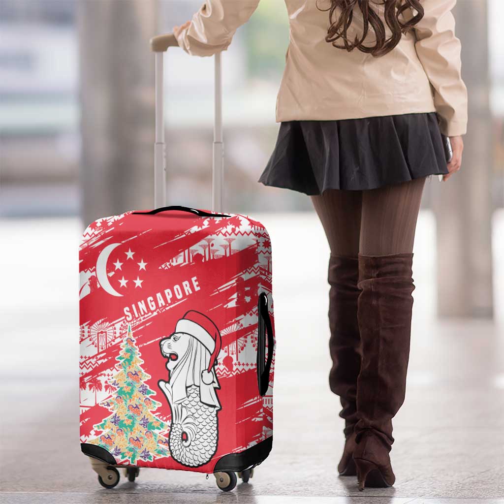 Singapore Christmas Luggage Cover with Merlion Santa Hat Batik Christmas Tree and City Skyline Design - Wonder Print Shop