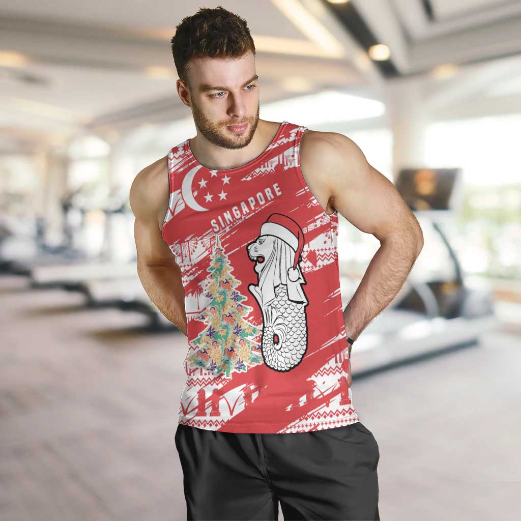 Singapore Christmas Men Tank Top with Merlion Santa Hat Batik Christmas Tree and City Skyline Design - Wonder Print Shop