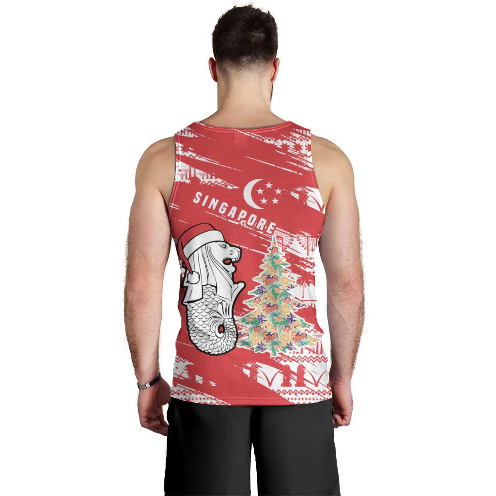 Singapore Christmas Men Tank Top with Merlion Santa Hat Batik Christmas Tree and City Skyline Design - Wonder Print Shop