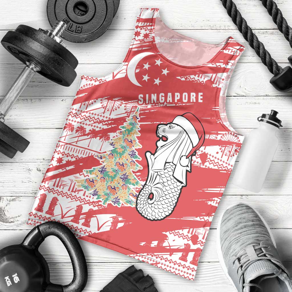 Singapore Christmas Men Tank Top with Merlion Santa Hat Batik Christmas Tree and City Skyline Design - Wonder Print Shop