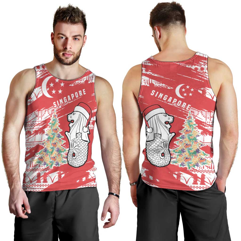 Singapore Christmas Men Tank Top with Merlion Santa Hat Batik Christmas Tree and City Skyline Design - Wonder Print Shop