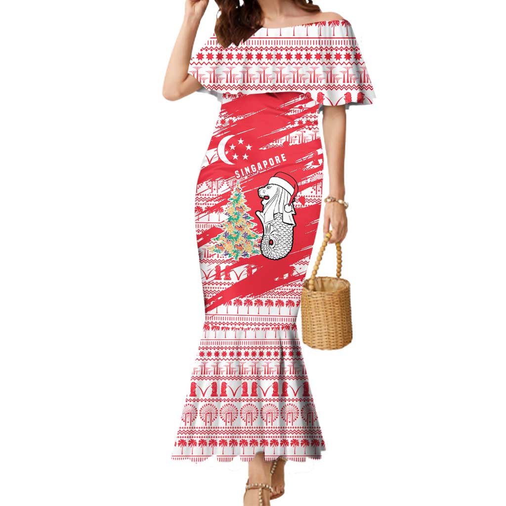 Singapore Christmas Mermaid Dress with Merlion Santa Hat Batik Christmas Tree and City Skyline Design - Wonder Print Shop