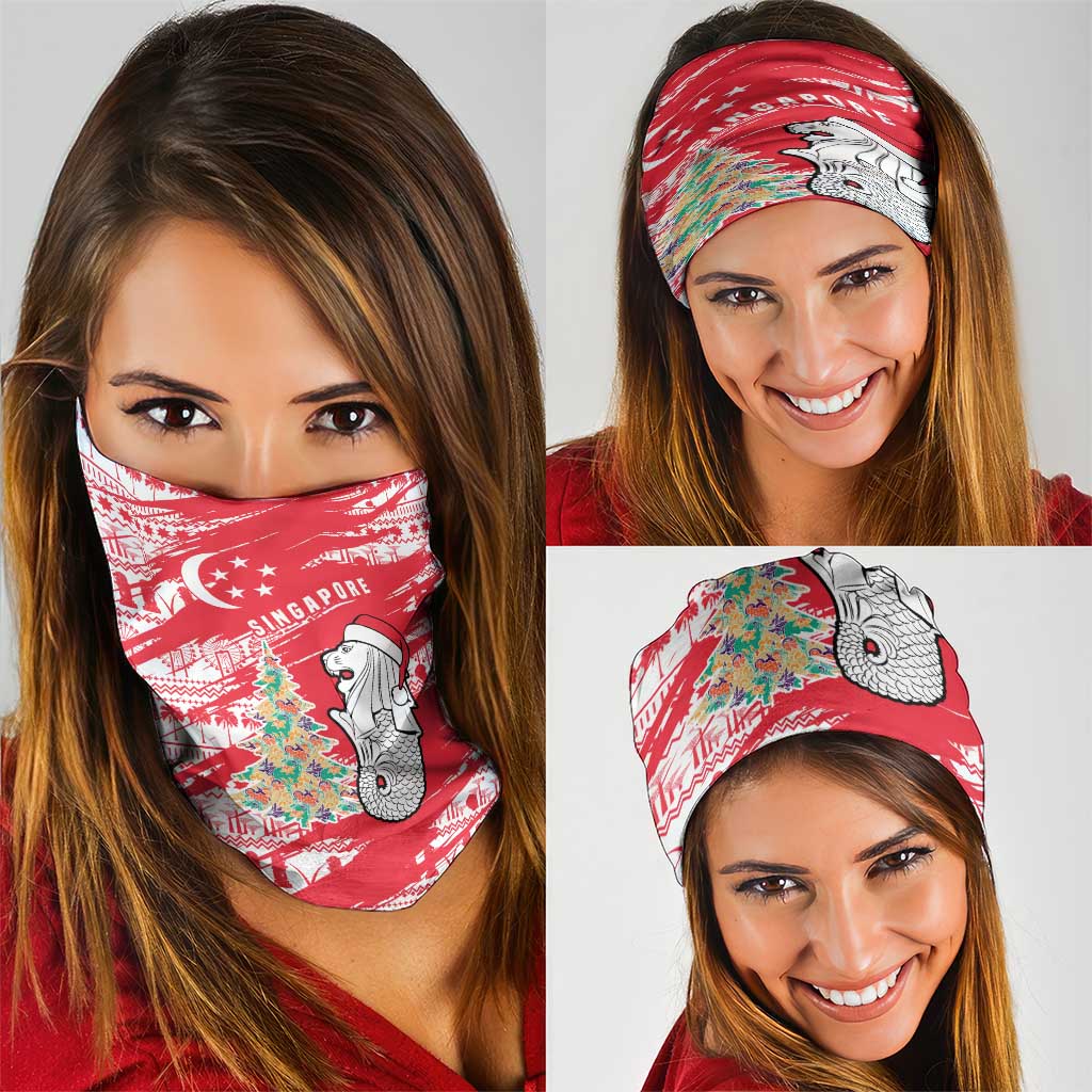 Singapore Christmas Neck Gaiter with Merlion Santa Hat Batik Christmas Tree and City Skyline Design - Wonder Print Shop