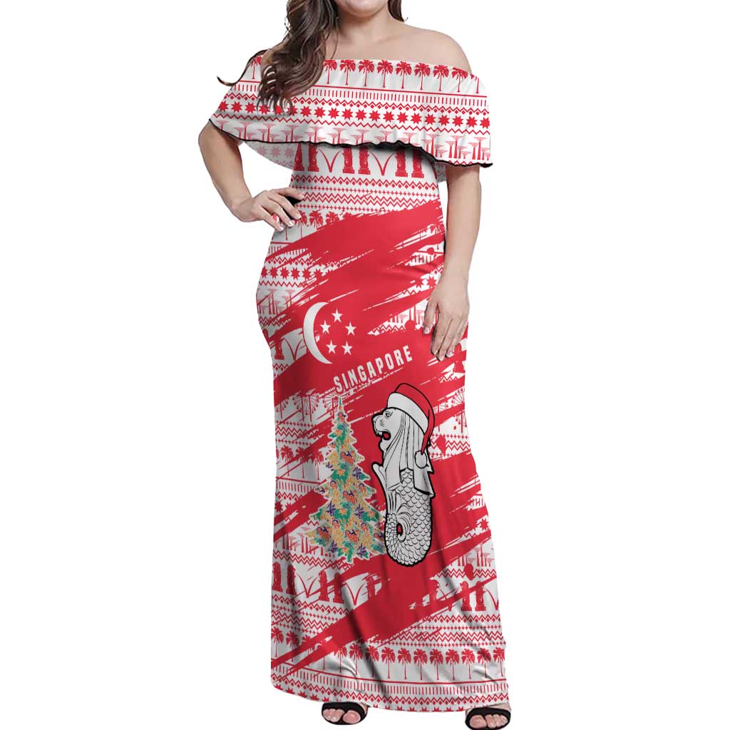 Singapore Christmas Off Shoulder Maxi Dress with Merlion Santa Hat Batik Christmas Tree and City Skyline Design - Wonder Print Shop