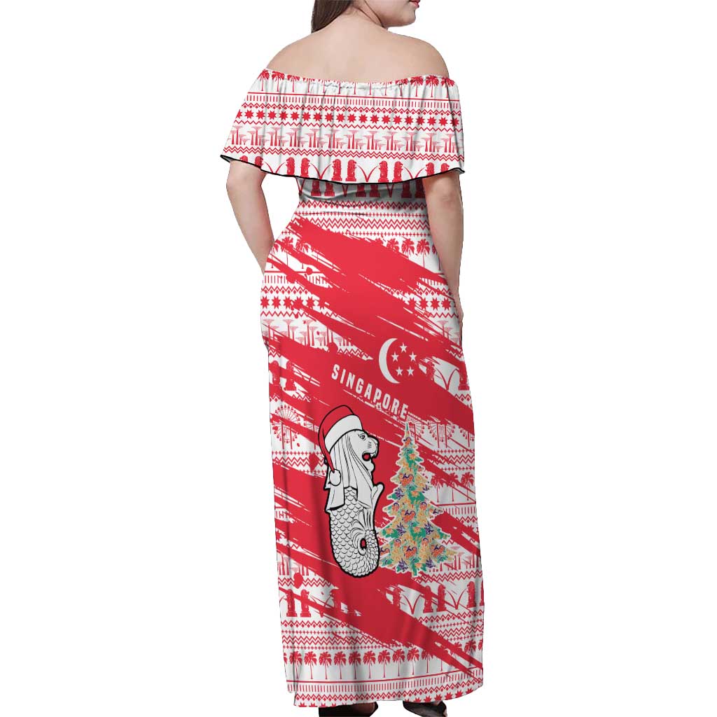 Singapore Christmas Off Shoulder Maxi Dress with Merlion Santa Hat Batik Christmas Tree and City Skyline Design - Wonder Print Shop