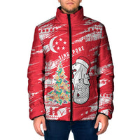 Singapore Christmas Padded Jacket with Merlion Santa Hat Batik Christmas Tree and City Skyline Design - Wonder Print Shop