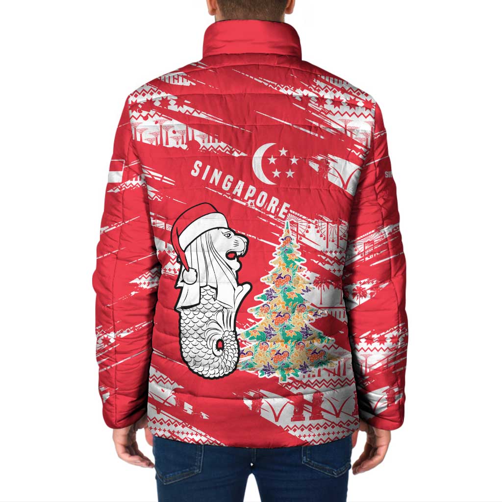 Singapore Christmas Padded Jacket with Merlion Santa Hat Batik Christmas Tree and City Skyline Design - Wonder Print Shop
