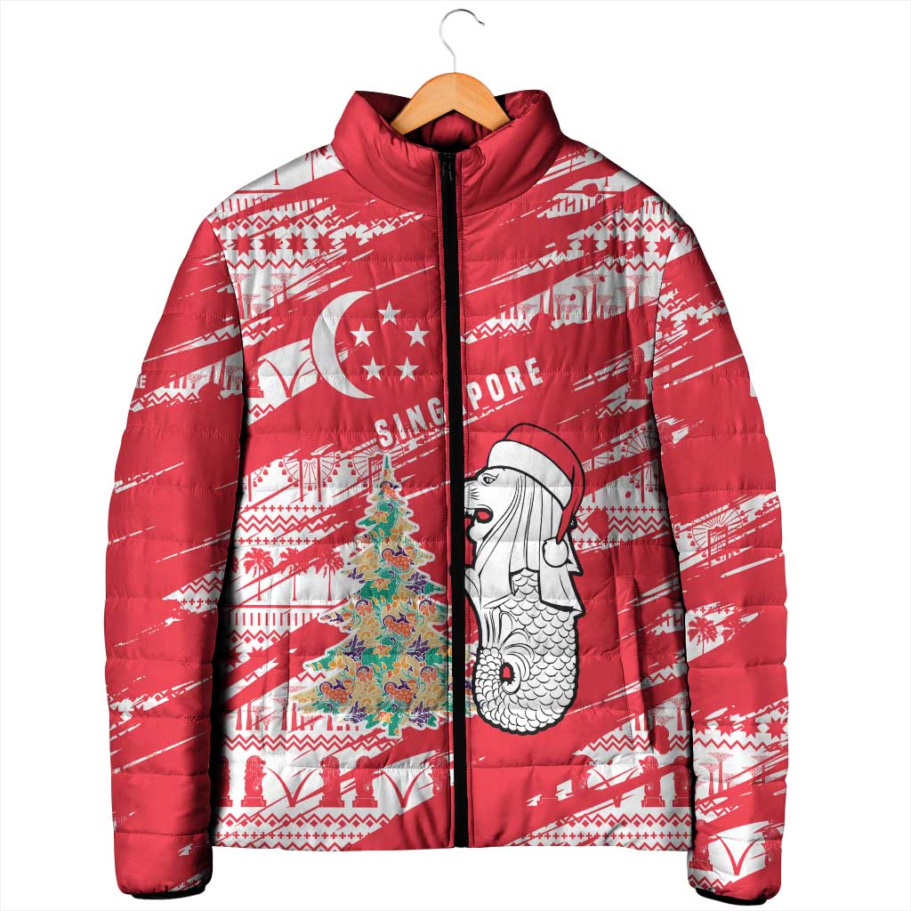 Singapore Christmas Padded Jacket with Merlion Santa Hat Batik Christmas Tree and City Skyline Design - Wonder Print Shop
