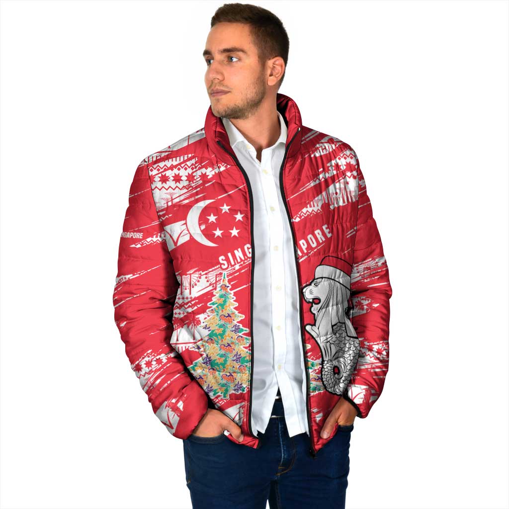 Singapore Christmas Padded Jacket with Merlion Santa Hat Batik Christmas Tree and City Skyline Design - Wonder Print Shop
