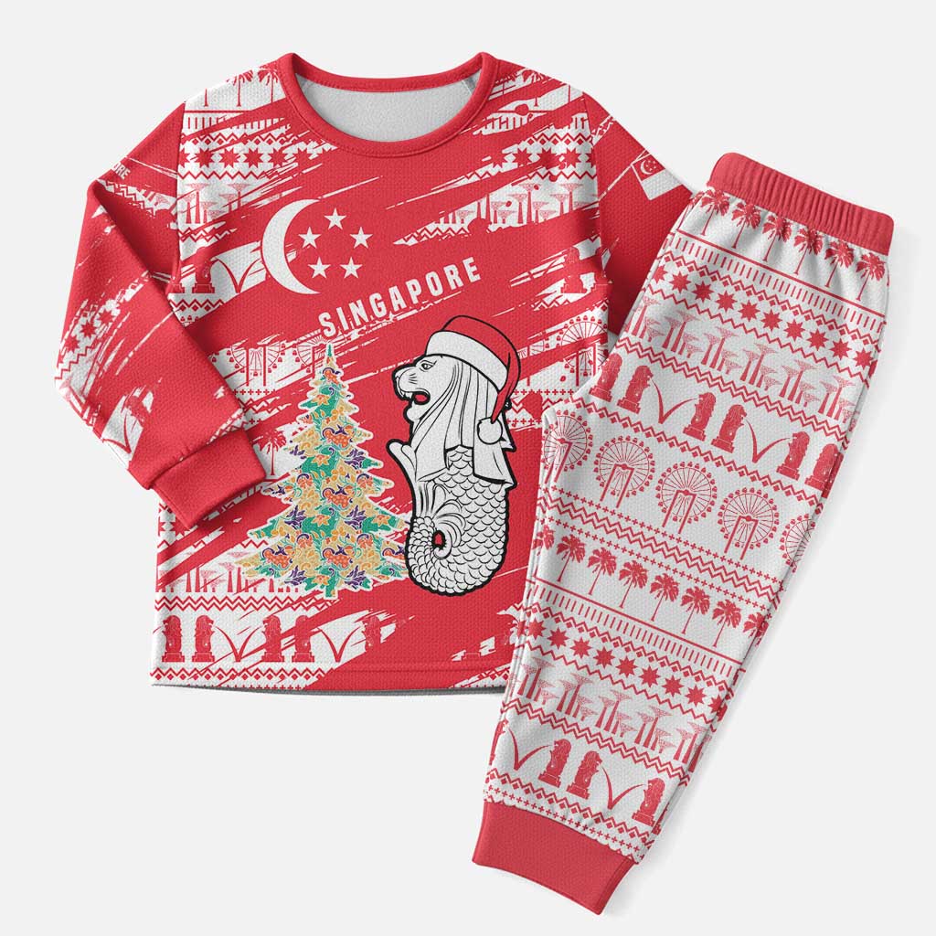 Singapore Christmas Pajama Set with Merlion Santa Hat Batik Christmas Tree and City Skyline Design - Wonder Print Shop
