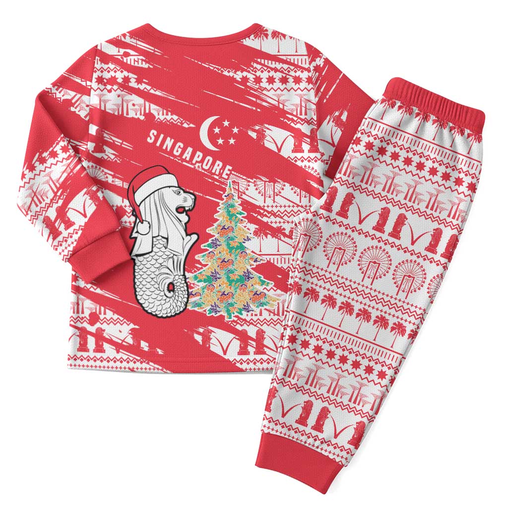 Singapore Christmas Pajama Set with Merlion Santa Hat Batik Christmas Tree and City Skyline Design - Wonder Print Shop