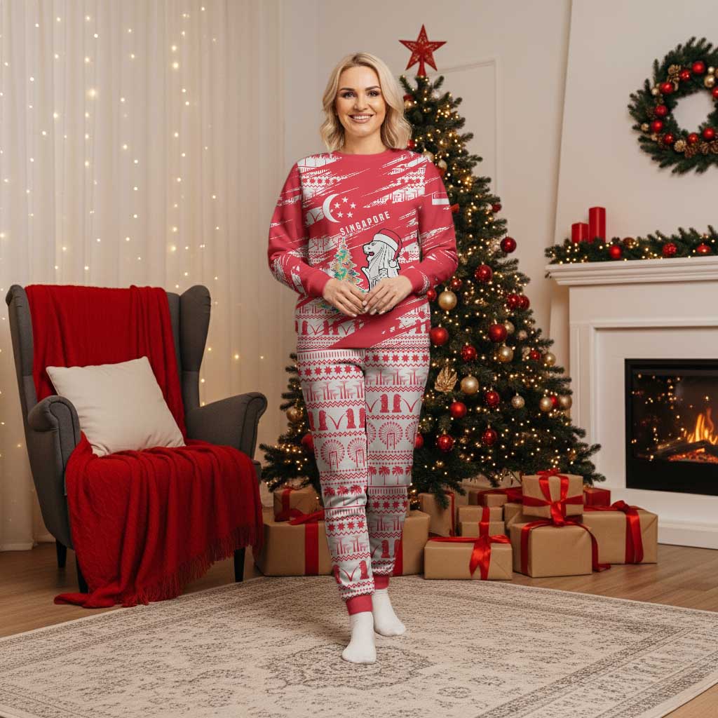Singapore Christmas Pajama Set with Merlion Santa Hat Batik Christmas Tree and City Skyline Design - Wonder Print Shop