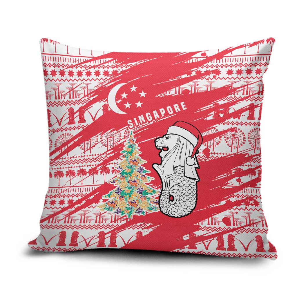 Singapore Christmas Pillow Cover with Merlion Santa Hat Batik Christmas Tree and City Skyline Design - Wonder Print Shop