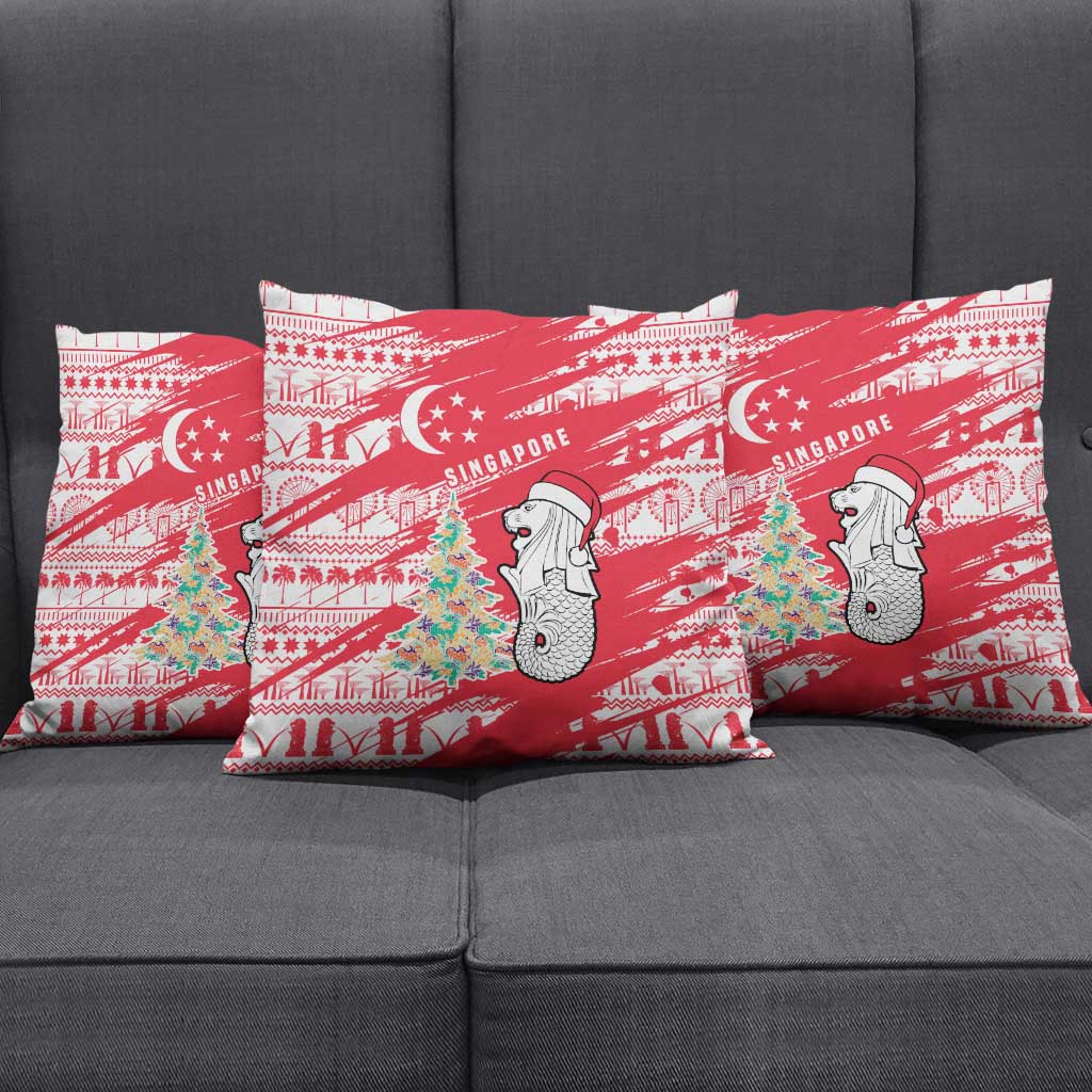 Singapore Christmas Pillow Cover with Merlion Santa Hat Batik Christmas Tree and City Skyline Design - Wonder Print Shop