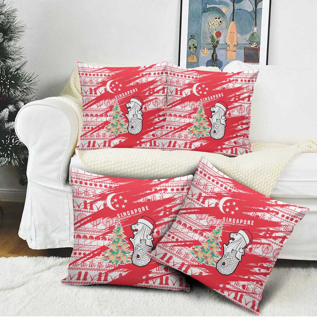 Singapore Christmas Pillow Cover with Merlion Santa Hat Batik Christmas Tree and City Skyline Design - Wonder Print Shop