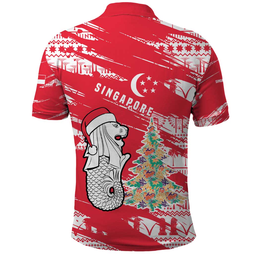Singapore Christmas Polo Shirt with Merlion Santa Hat Batik Christmas Tree and City Skyline Design - Wonder Print Shop