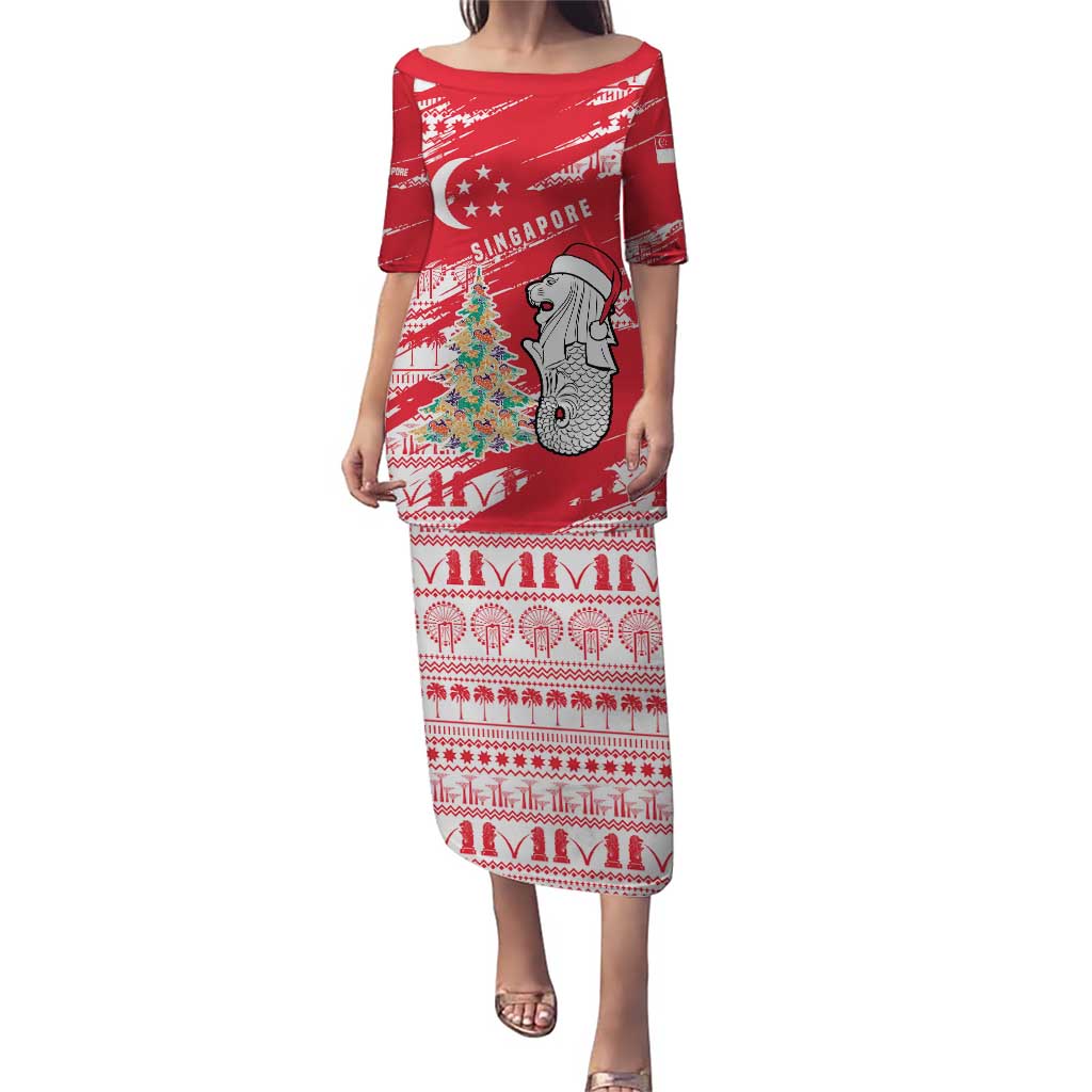 Singapore Christmas Puletasi with Merlion Santa Hat Batik Christmas Tree and City Skyline Design - Wonder Print Shop