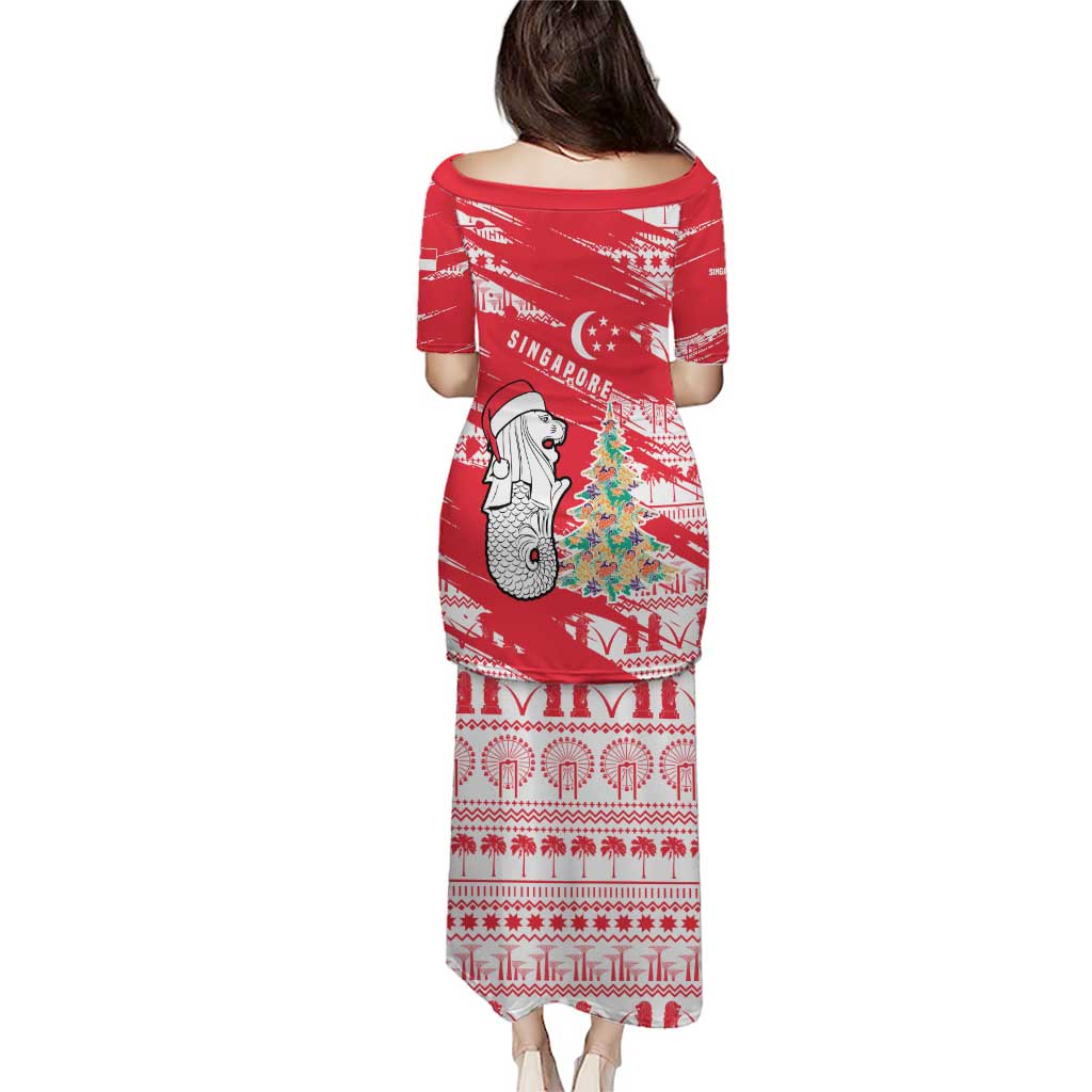 Singapore Christmas Puletasi with Merlion Santa Hat Batik Christmas Tree and City Skyline Design - Wonder Print Shop
