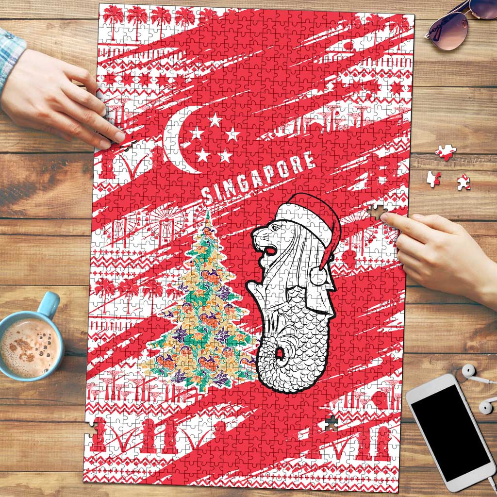 Singapore Christmas Puzzle with Merlion Santa Hat Batik Christmas Tree and City Skyline Design - Wonder Print Shop