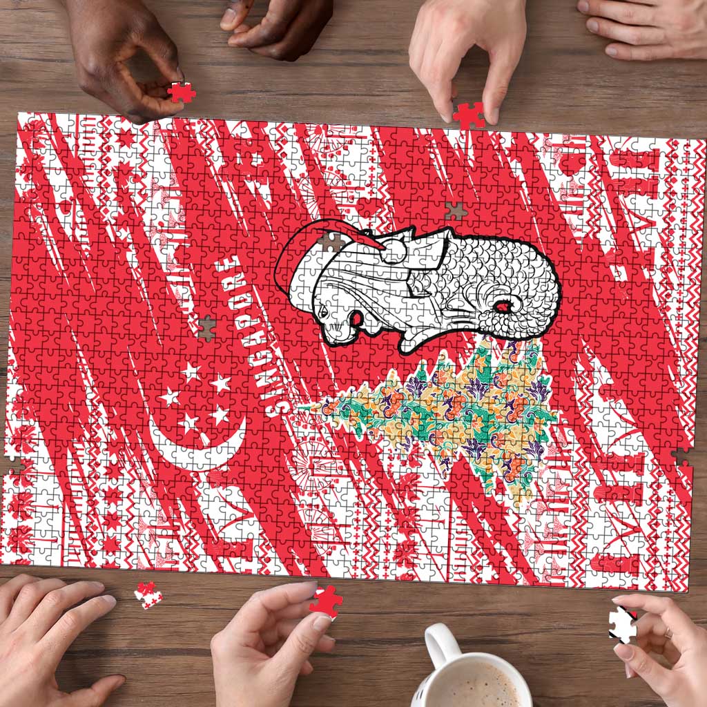 Singapore Christmas Puzzle with Merlion Santa Hat Batik Christmas Tree and City Skyline Design - Wonder Print Shop