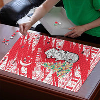 Singapore Christmas Puzzle with Merlion Santa Hat Batik Christmas Tree and City Skyline Design - Wonder Print Shop