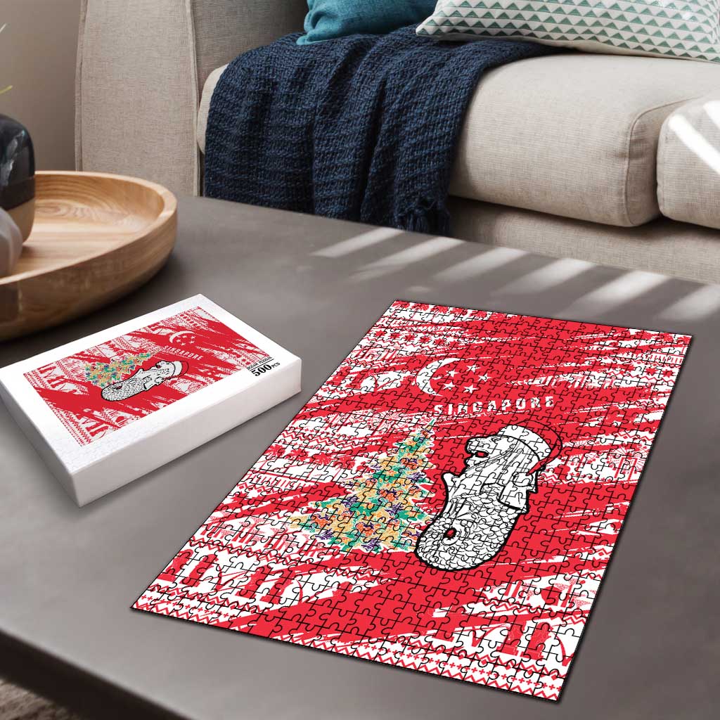 Singapore Christmas Puzzle with Merlion Santa Hat Batik Christmas Tree and City Skyline Design - Wonder Print Shop