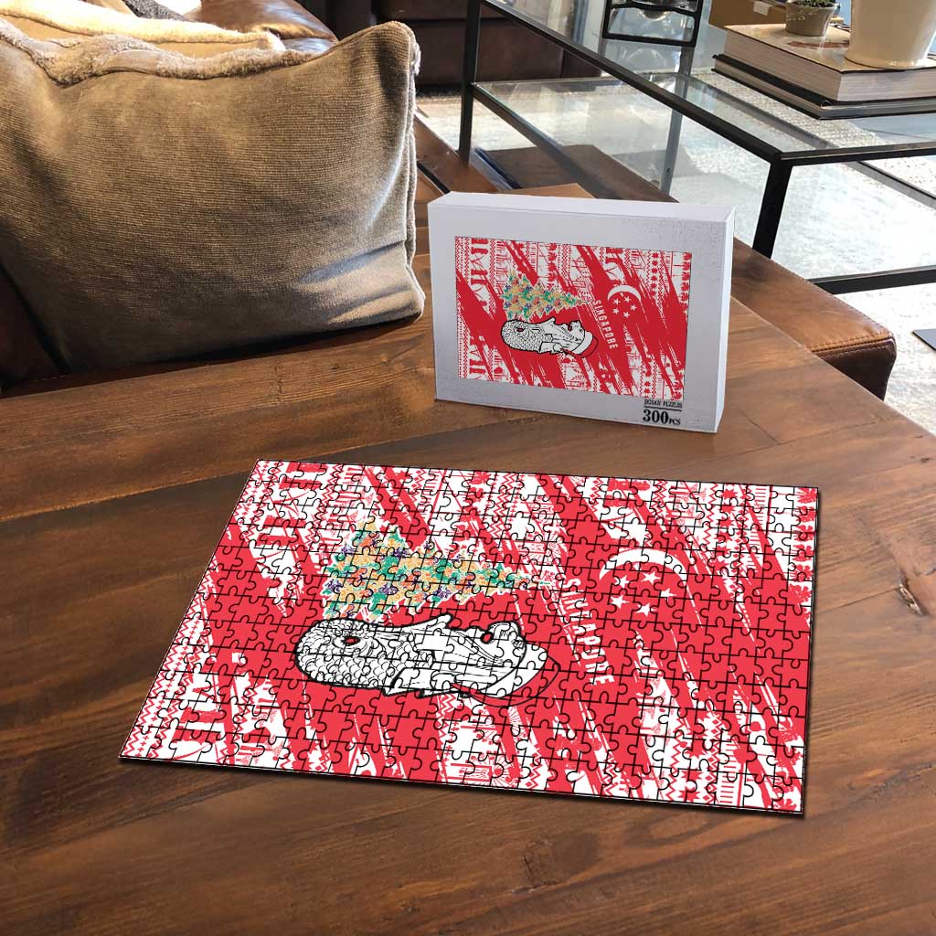 Singapore Christmas Puzzle with Merlion Santa Hat Batik Christmas Tree and City Skyline Design - Wonder Print Shop