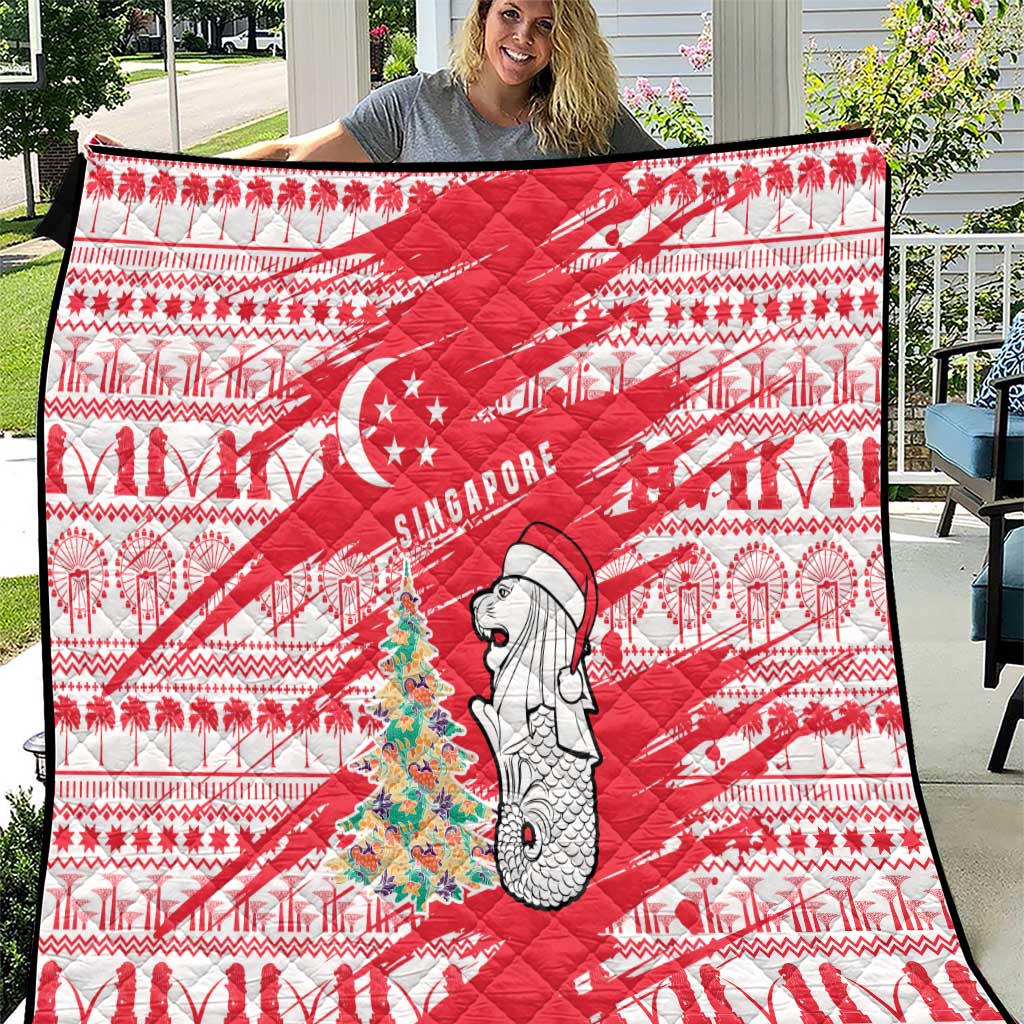 Singapore Christmas Quilt with Merlion Santa Hat Batik Christmas Tree and City Skyline Design - Wonder Print Shop