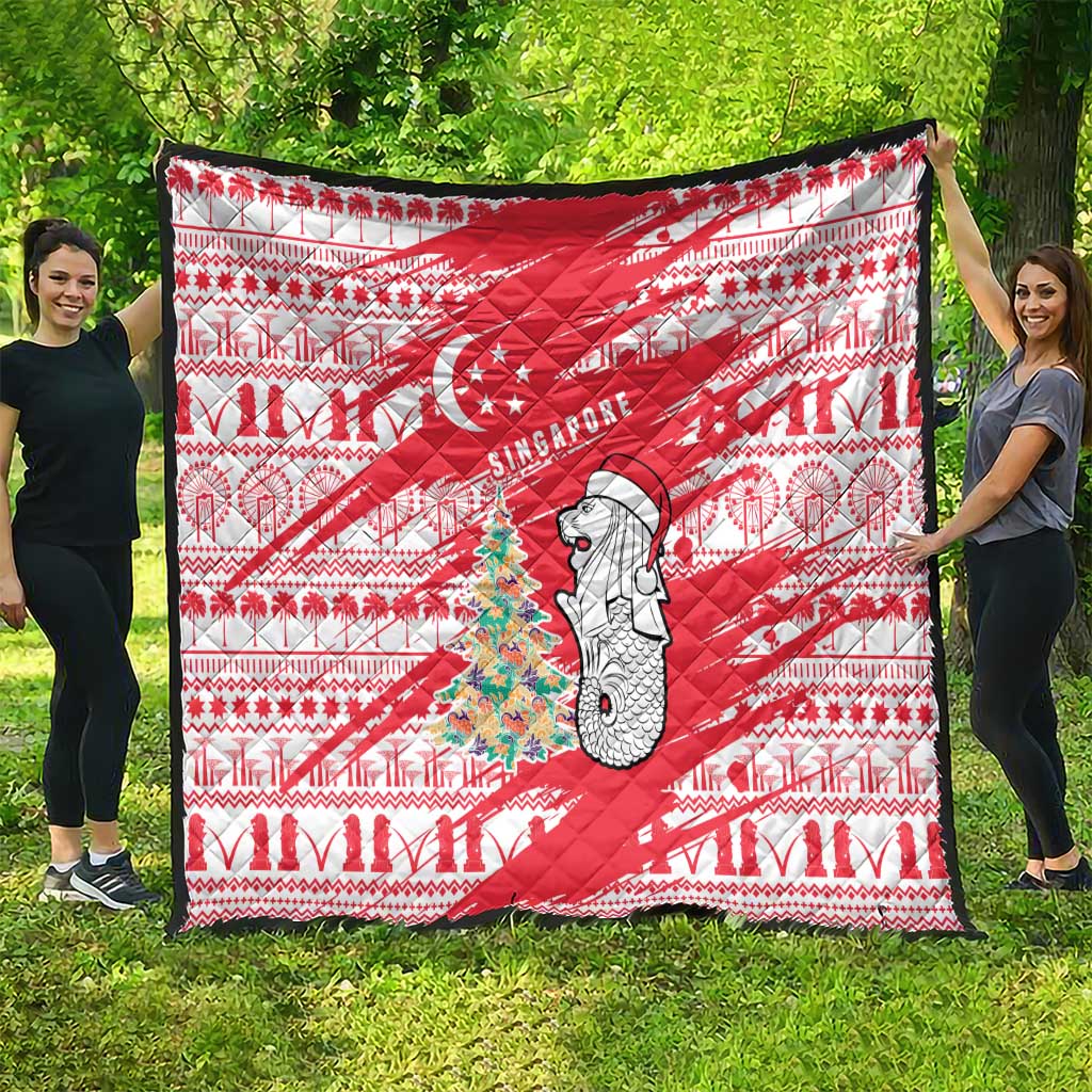 Singapore Christmas Quilt with Merlion Santa Hat Batik Christmas Tree and City Skyline Design - Wonder Print Shop