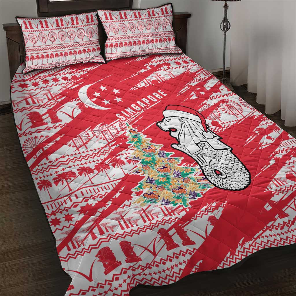 Singapore Christmas Quilt Bed Set with Merlion Santa Hat Batik Christmas Tree and City Skyline Design - Wonder Print Shop
