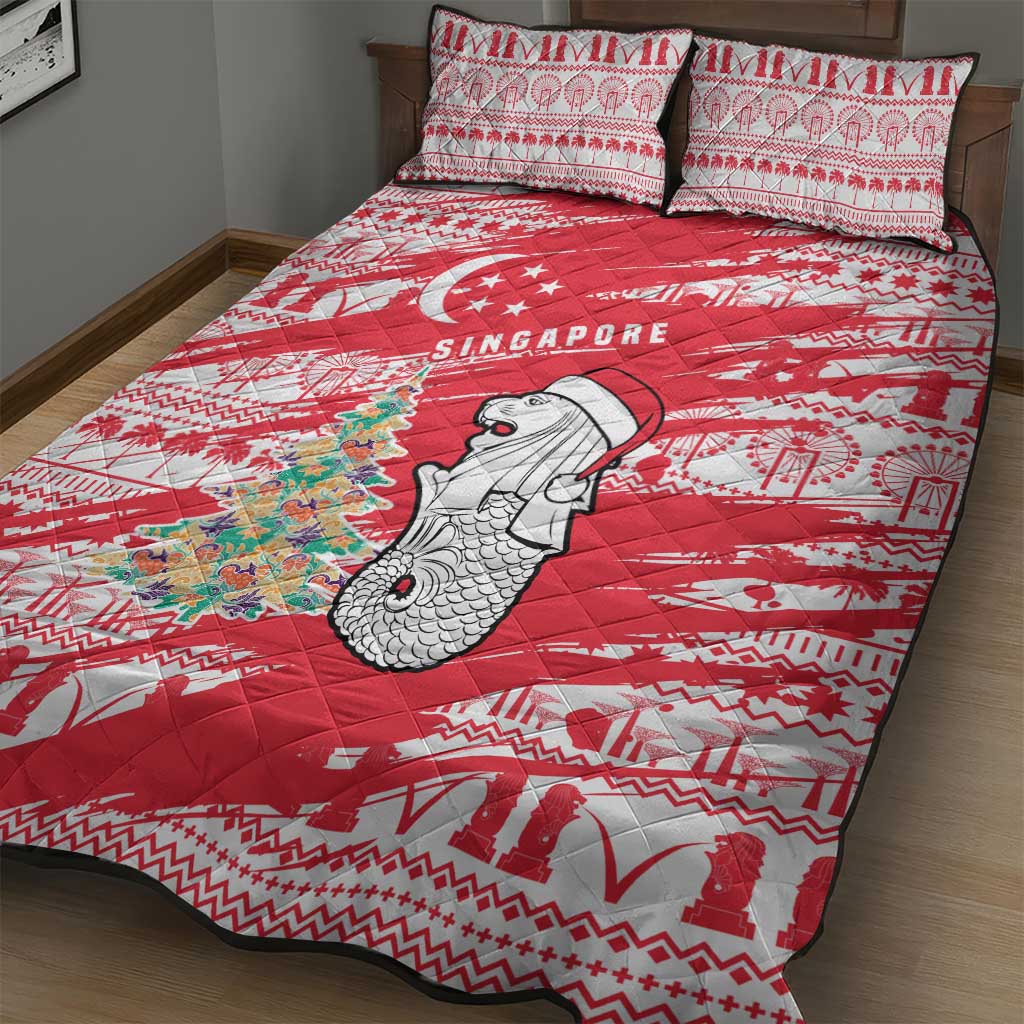 Singapore Christmas Quilt Bed Set with Merlion Santa Hat Batik Christmas Tree and City Skyline Design - Wonder Print Shop
