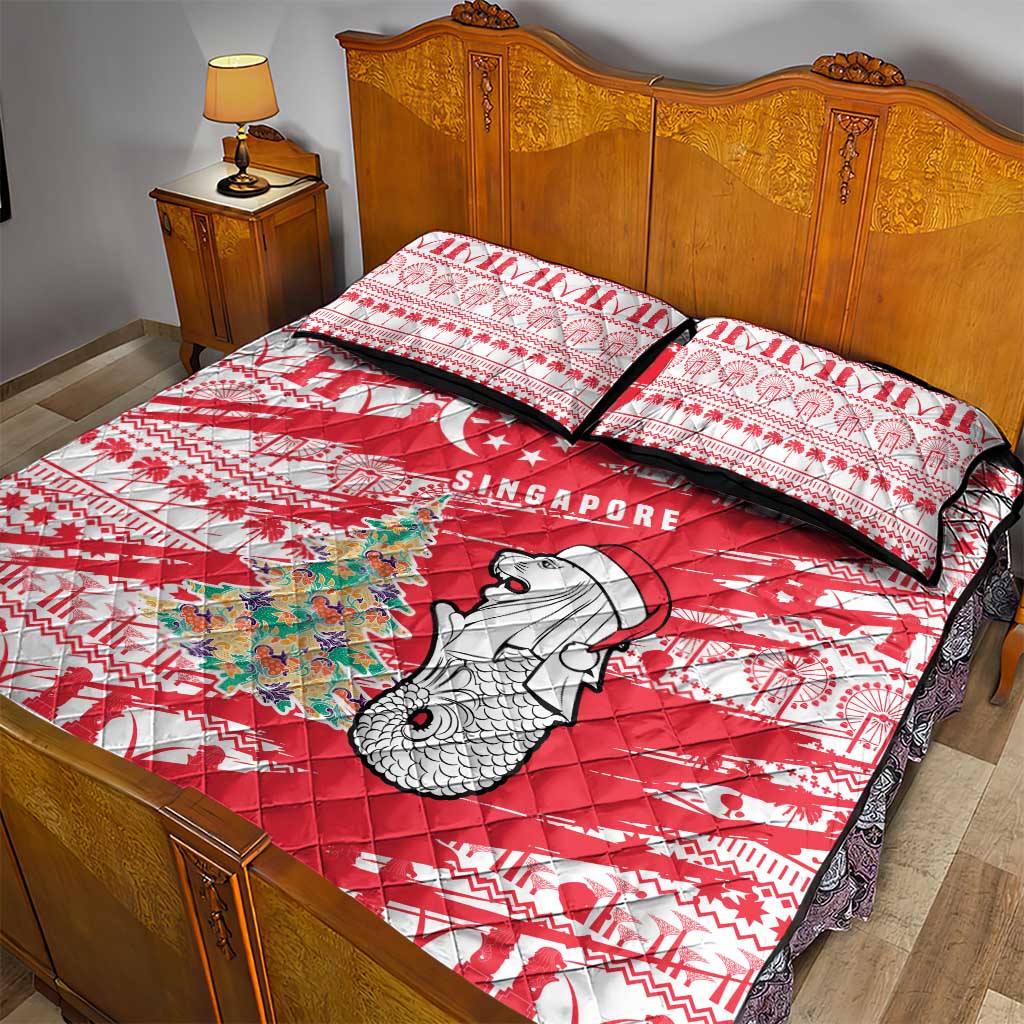 Singapore Christmas Quilt Bed Set with Merlion Santa Hat Batik Christmas Tree and City Skyline Design - Wonder Print Shop