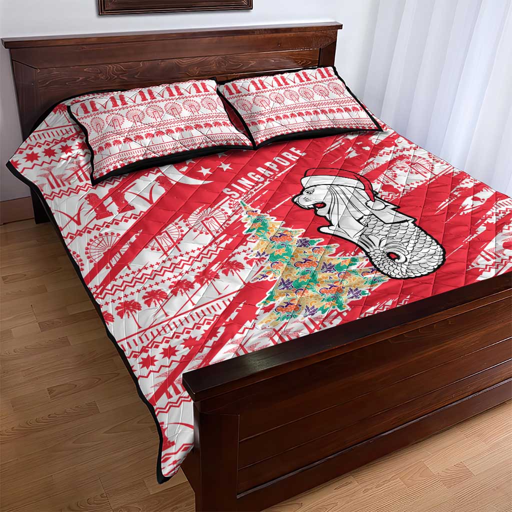 Singapore Christmas Quilt Bed Set with Merlion Santa Hat Batik Christmas Tree and City Skyline Design - Wonder Print Shop