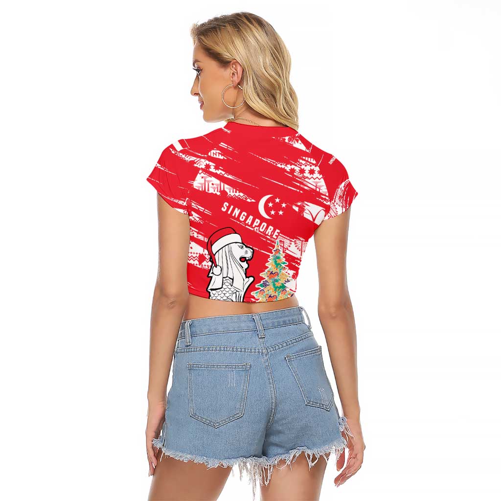 Singapore Christmas Raglan Cropped T Shirt with Merlion Santa Hat Batik Christmas Tree and City Skyline Design - Wonder Print Shop