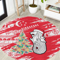 Singapore Christmas Round Carpet with Merlion Santa Hat Batik Christmas Tree and City Skyline Design - Wonder Print Shop