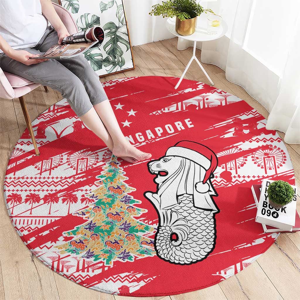 Singapore Christmas Round Carpet with Merlion Santa Hat Batik Christmas Tree and City Skyline Design - Wonder Print Shop
