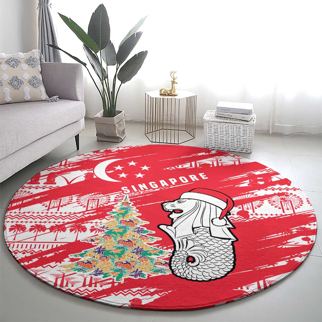 Singapore Christmas Round Carpet with Merlion Santa Hat Batik Christmas Tree and City Skyline Design - Wonder Print Shop