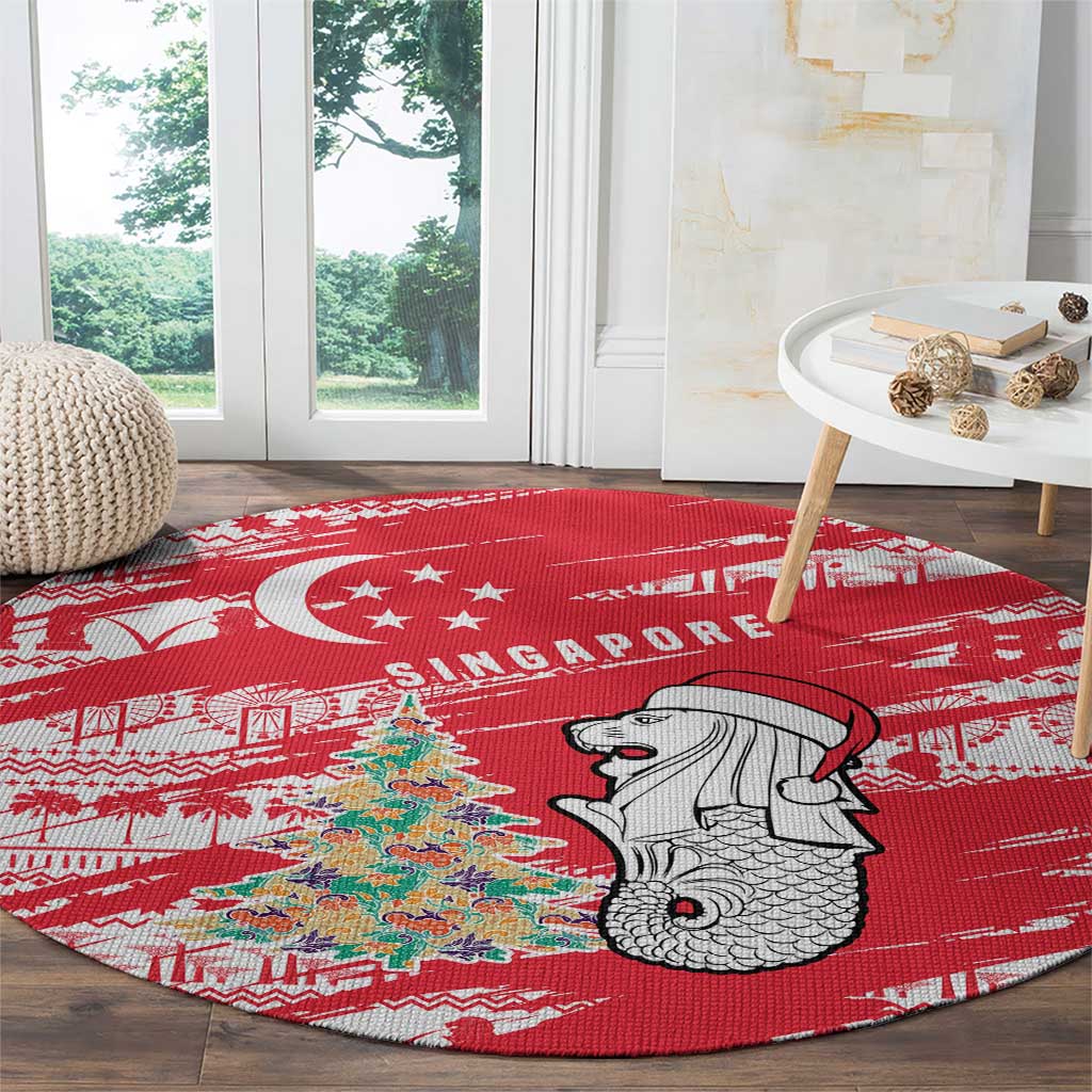 Singapore Christmas Round Carpet with Merlion Santa Hat Batik Christmas Tree and City Skyline Design - Wonder Print Shop