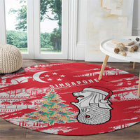 Singapore Christmas Round Carpet with Merlion Santa Hat Batik Christmas Tree and City Skyline Design - Wonder Print Shop