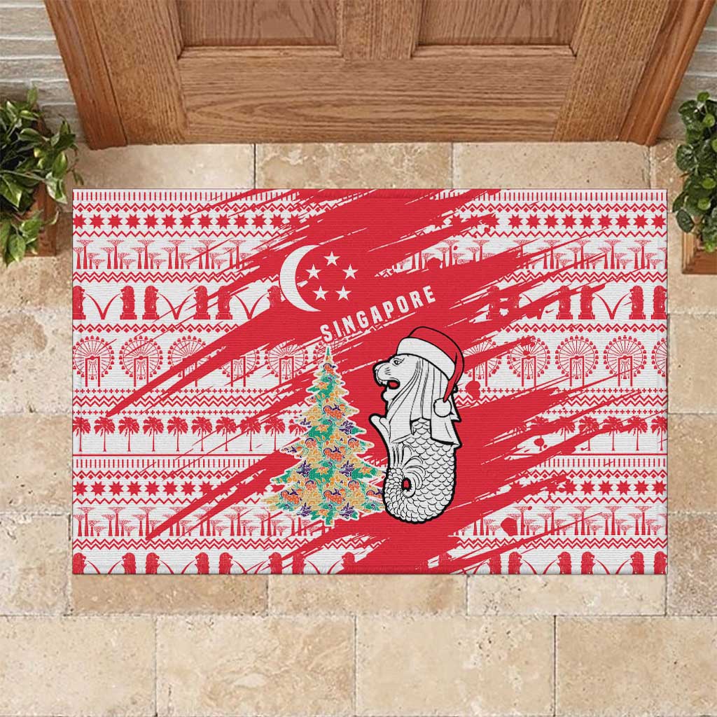 Singapore Christmas Rubber Doormat with Merlion Santa Hat Batik Christmas Tree and City Skyline Design - Wonder Print Shop