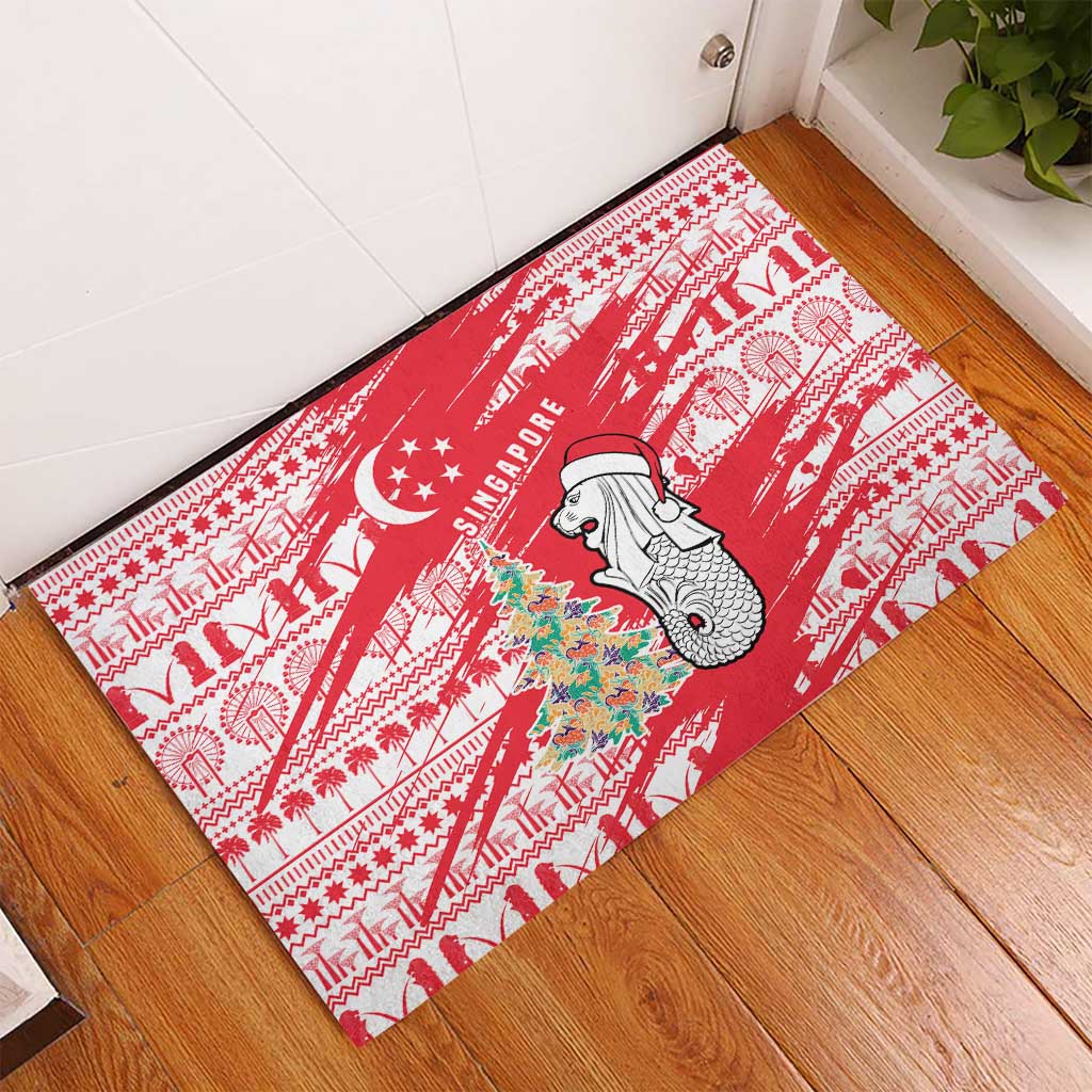 Singapore Christmas Rubber Doormat with Merlion Santa Hat Batik Christmas Tree and City Skyline Design - Wonder Print Shop