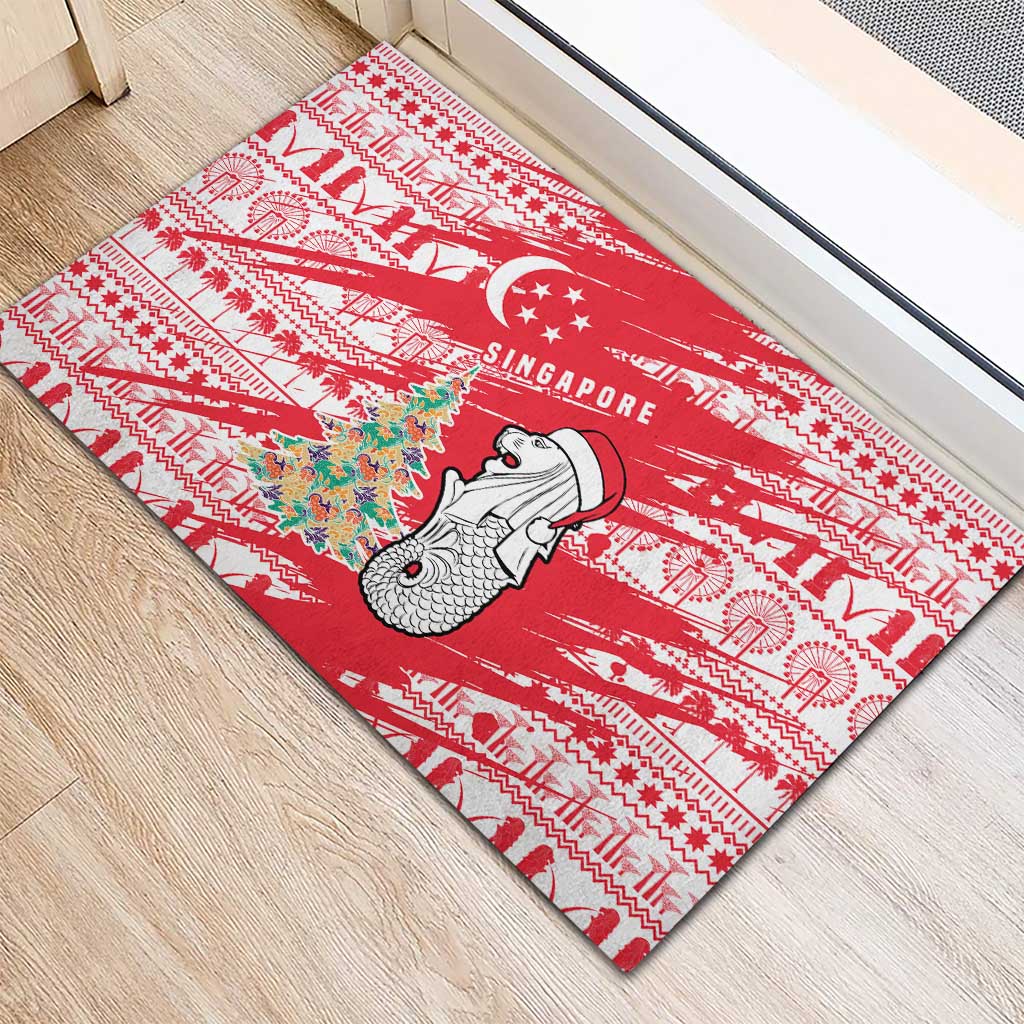 Singapore Christmas Rubber Doormat with Merlion Santa Hat Batik Christmas Tree and City Skyline Design - Wonder Print Shop