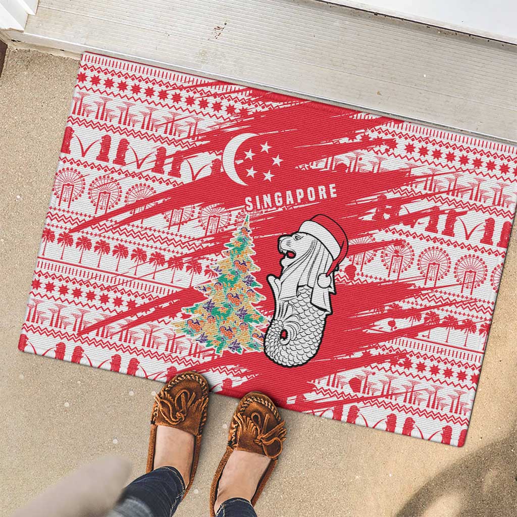 Singapore Christmas Rubber Doormat with Merlion Santa Hat Batik Christmas Tree and City Skyline Design - Wonder Print Shop