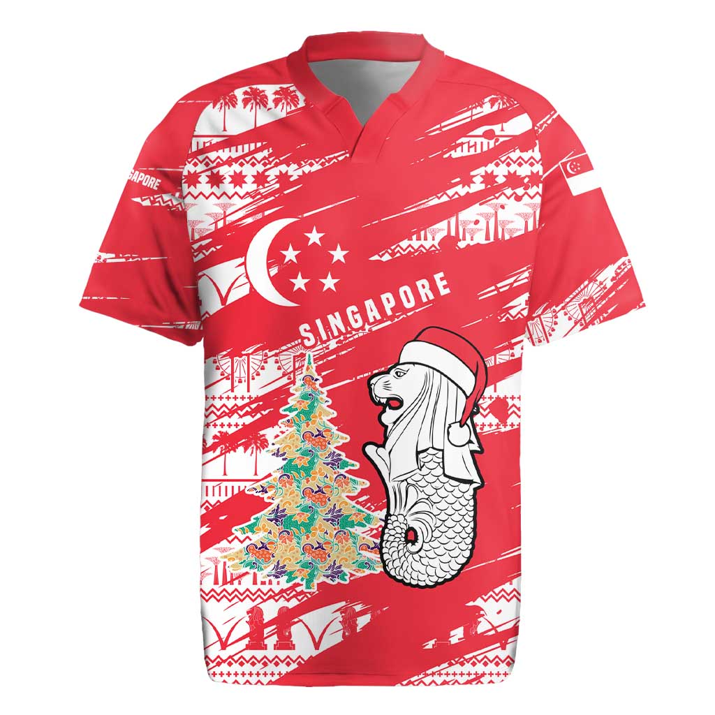 Singapore Christmas Rugby Jersey with Merlion Santa Hat Batik Christmas Tree and City Skyline Design - Wonder Print Shop