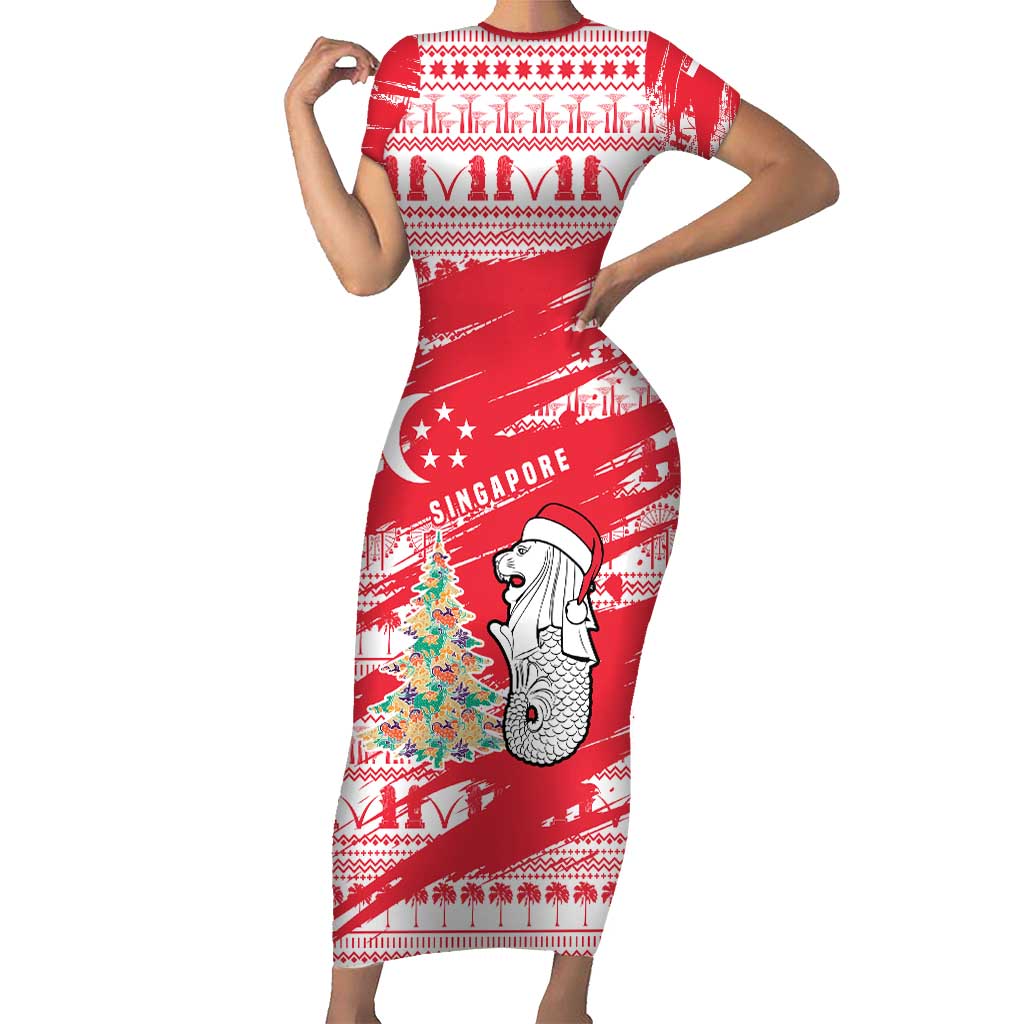 Singapore Christmas Short Sleeve Bodycon Dress with Merlion Santa Hat Batik Christmas Tree and City Skyline Design - Wonder Print Shop